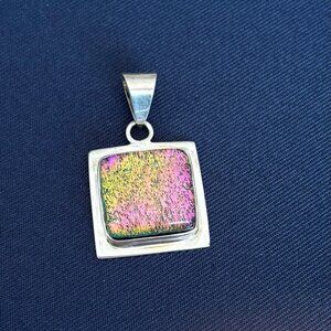 Art Glass Dichroic Glass & Sterling Silver Pendant Pink & Lime Green